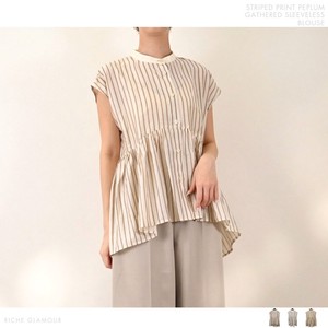 Button Shirt/Blouse Stripe Sleeveless Printed Peplum 【2024NEW】