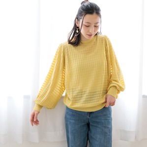 Button Shirt/Blouse Knitted Mock Neck Puff Sleeve Border Sheer