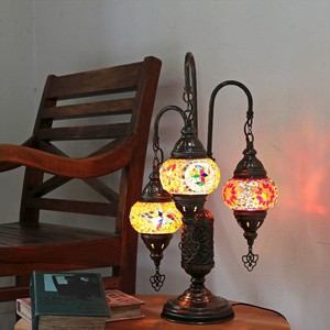 モザイクランプ トルコランプ シャンデリアテーブルランプ 3灯 全高50cmオレンジ　E17/15W
