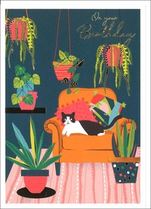グリーティングカード 誕生日「グリーンと猫のいる部屋」 メッセージカード イラスト 2024新作