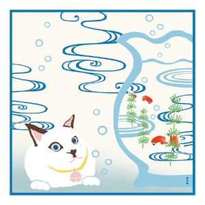 【濱文様】　小布　金魚鉢とにらめっこ猫　(日本製)　　【2024夏新作】　【風呂敷50cm】