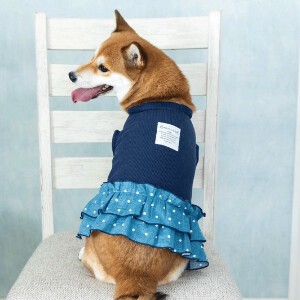 デニムフリルワンピース　ドッグウェア　犬服　リンクコーデ　日本製　made in japan　お揃い　ペット服