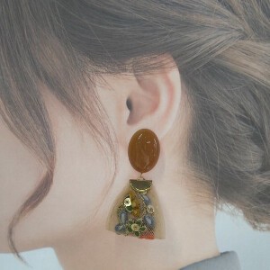 Pierced Earrings Gold Post Brown Ribbon Embroidered