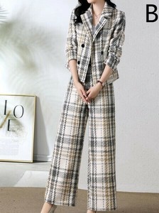 パンツスーツ 2点セット スーツ 長袖  ワイドパンツ  チェック  秋冬 快適 レディースファッション YMA1821