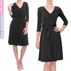 Casual Dress black V-Neck One-piece Dress 7/10 length