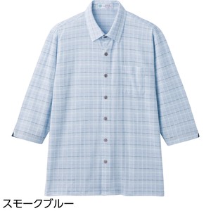 麻混斜め釦ホール7分袖ニットシャツ