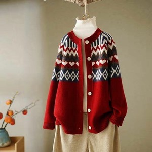 Sweater/Knitwear Knitted Long Sleeves Heart-Patterned Tops Printed Cardigan Sweater Ladies