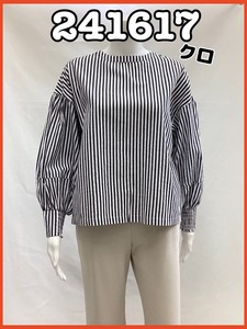 Button Shirt/Blouse Reversible Stripe Shirring Puff Sleeve Ladies' 2024 NEW