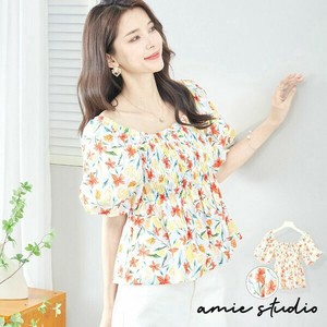 Button Shirt/Blouse Tops Printed Off-The-Shoulder Shirring L