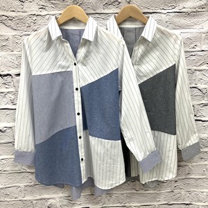 Button Shirt/Blouse Stripe Cotton Switching