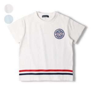 ワッペン付き半袖Tシャツ　M32801　本体綿100%、無地調、ワンポイント刺繡、2本テープ、マリン調