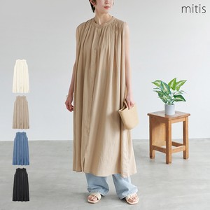 Casual Dress Gathered Flare A-Line Cotton Linen Band Collar One-piece Dress