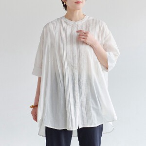 Button Shirt/Blouse Tunic Pintucked Blouse A-Line Band Collar 5/10 length 【2024NEW】