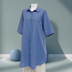 【夏物新作】さわやかリップル素材　五分袖ゆったりロングシャツ