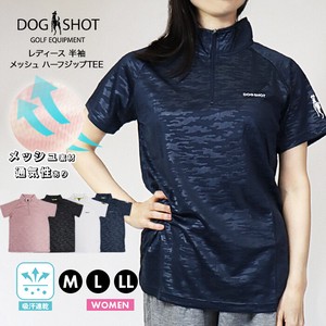 レディース Tシャツ DOGSHOT  半袖 ハーフジップ ゴルフ メッシュ 通気性 吸汗速乾 ホワイト ブラック