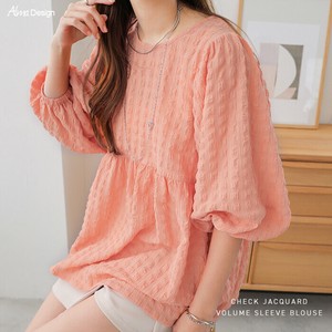 Button Shirt/Blouse Check Pattern Puffy Jacquard Tunic Peplum