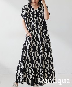 Antiqua Casual Dress Geometric Pattern Long One-piece Dress Ladies' Short-Sleeve NEW