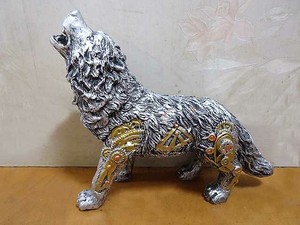 スチームパンク風シルバーウルフ 狼オオカミ彫像レジン製置物 ミニチュア動物彫刻輸入品