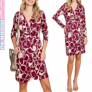 Casual Dress Long Sleeves Floral Pattern Layered V-Neck One-piece Dress M