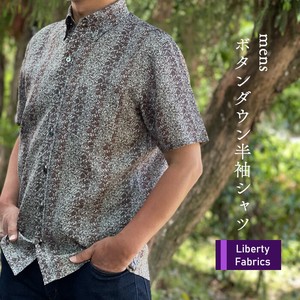 リバティプリント　ボタンダウン半袖シャツ　リネン100％（ダグラスストライプ）　日本製　Lサイズ