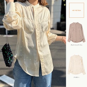 Button Shirt/Blouse Sheer Stripe Satin Tops