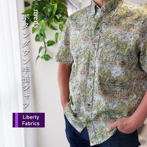 リバティプリント　ボタンダウン半袖シャツ　リネン100％（グリーン系）　日本製　Lサイズ