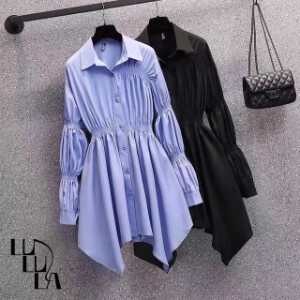 Casual Dress Asymmetrical Long Sleeves Spring/Summer Shirring One-piece Dress 2024 NEW
