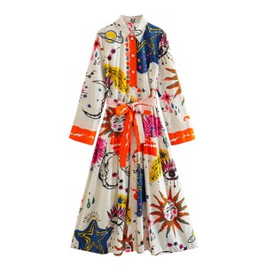 Casual Dress Patterned All Over Long Sleeves Long Dress Tops