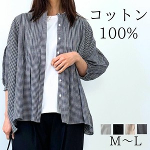 Button Shirt/Blouse Band-Collar Shirt Pintucked Check Tops Ladies'