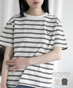 《 aimoha select 》デザインボーダーハート刺繍Tシャツ レディース 半袖 ワンポイント ボーダー