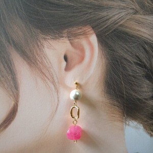 金耳针耳环 粉色