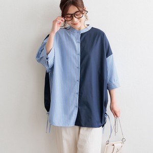 Button Shirt/Blouse Bicolor Slit Drawstring