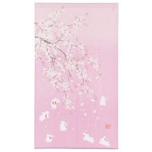 のれん さくらとうさぎ 桜 サクラ 枝垂れ桜 兔 和風 和柄 ピンク　85×150cm