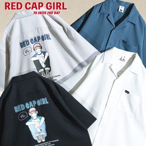 Button Shirt Polyester Pudding Stretch Natural Embroidered RED CAP GIRL