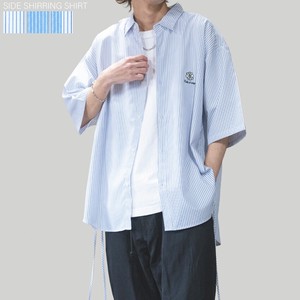 Button Shirt Polyester Stripe Shirring