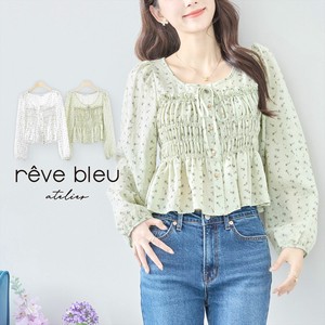 Button Shirt/Blouse Floral Pattern Shirring L M 【2024NEW】