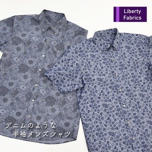 リバティプリント　ボタンダウン半袖シャツ　デニムのようなシャンブレー　綿100％　日本製　Lサイズ