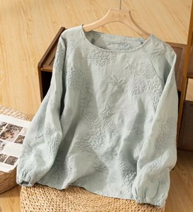 T-shirt Cotton Linen Tops L Embroidered 2024 Spring/Summer