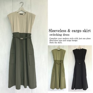 Casual Dress Waist Pocket Sleeveless Cargo Skirt One-piece Dress Switching