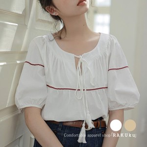 24ss NEW トップス シャツ ブラウス 半袖 バブル袖 薄手 リボン フレア かわいい 夏 韓国ファッション