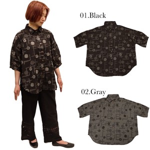Button Shirt/Blouse Printed Japanese Pattern Ladies