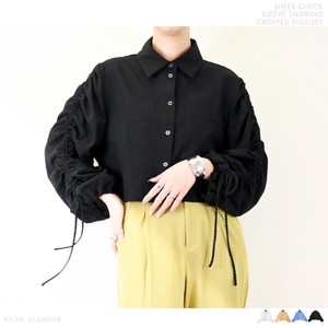 Button Shirt/Blouse Cropped Check Sleeve Shirring 【2024NEW】