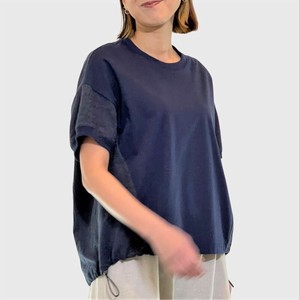 [cocora]トップス・Tシャツ 異素材切り替えドローストリングスTシャツ