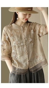 シャツ  五分袖  ゆったり 苎麻 刺繍  レディースファッション TAY15