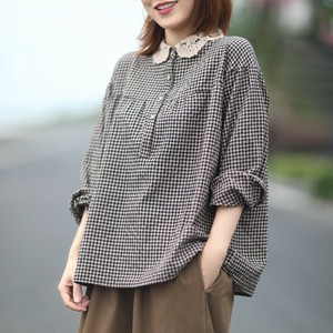 シャツ   長袖    ゆったり 麻  レトロ  格子   レディースファッション TAY16