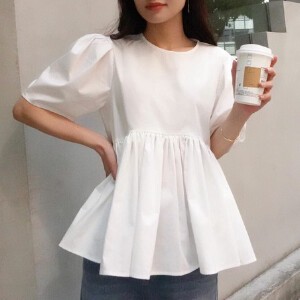 Button Shirt/Blouse Gathered Blouse Tops Summer Spring Peplum New Color