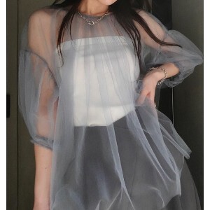 Button Shirt/Blouse Tops Summer Tulle Gather Spring