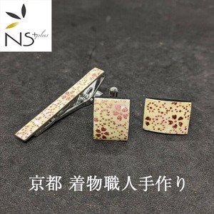 京都 着物職人手作り 和柄 ネクタイピン・カフスボタン セット 白螺鈿 桃色箔 桜