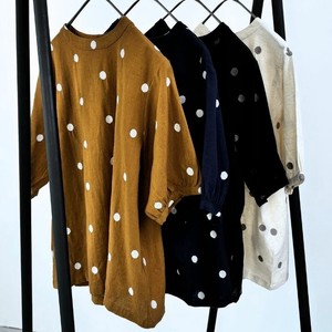 Button Shirt/Blouse Pullover Cotton Linen Tops Ladies' Short-Sleeve Polka Dot