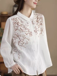 Button Shirt/Blouse Plain Color Long Sleeves Floral Pattern Ladies'